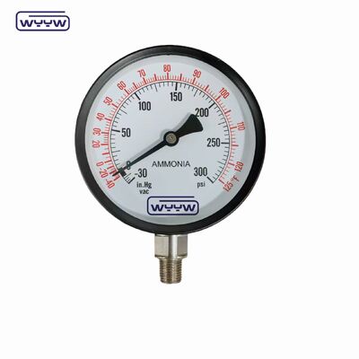 Manómetro de amoníaco con tamaño de dial de 100 mm y conexión NPT de 1/4" en caja de acero negro